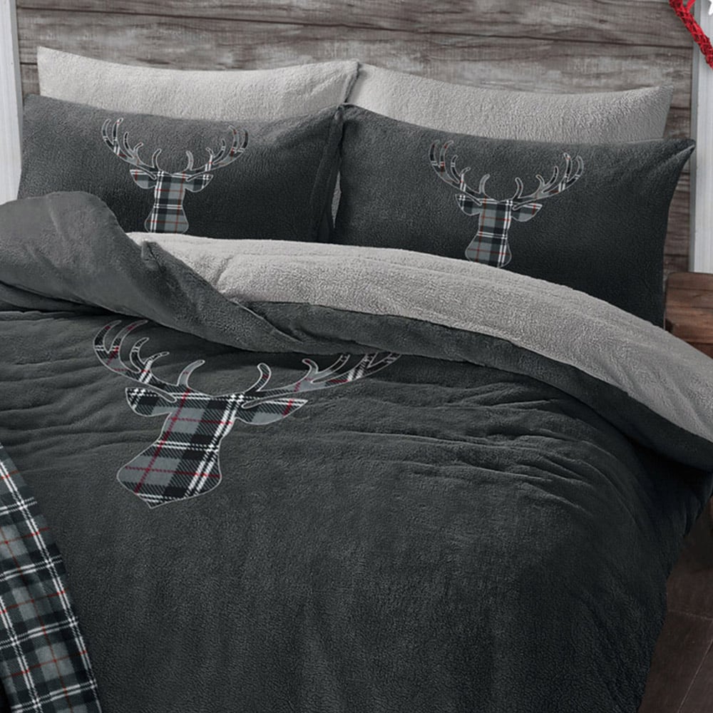 Velosso Single Charcoal Stag Head Teddy Fleece Duvet Set Image 3