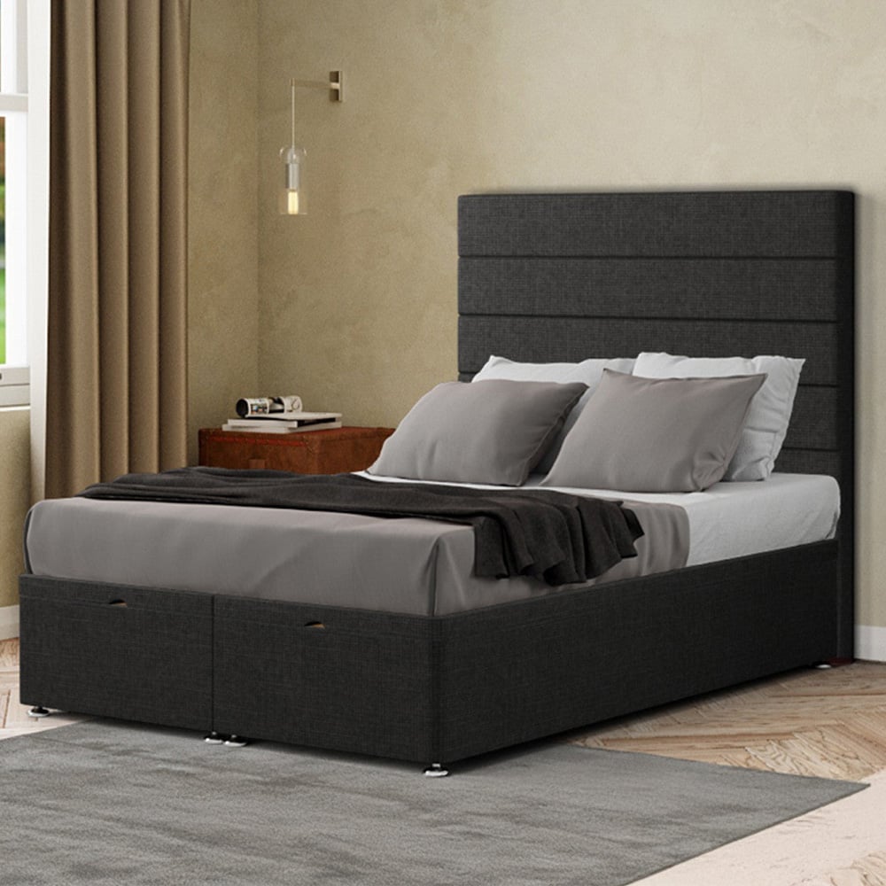 Eleganza George Small Double Black Linen Ottoman Bed with Floor Standing Headboard Image 1