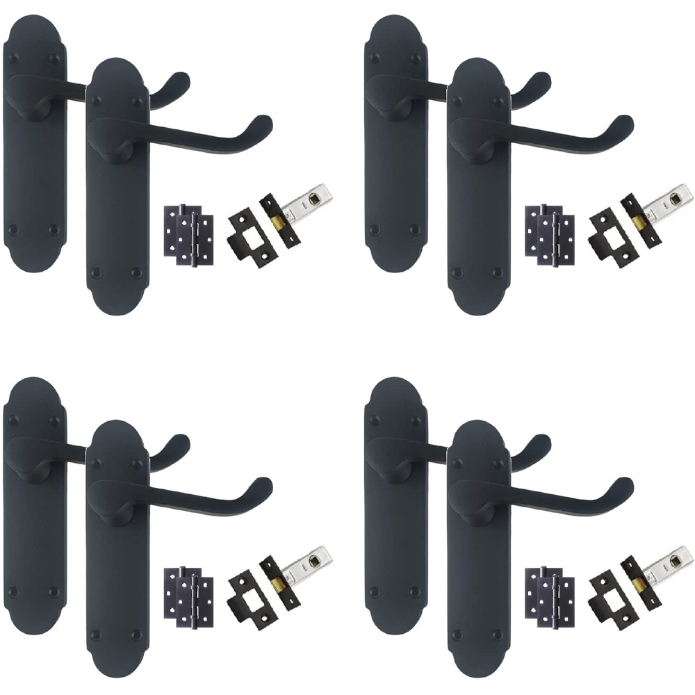 Golden Grace Matt Black Victorian Scroll Latch Door Handle Pair 168 x 40mm 4 Pack Image 1