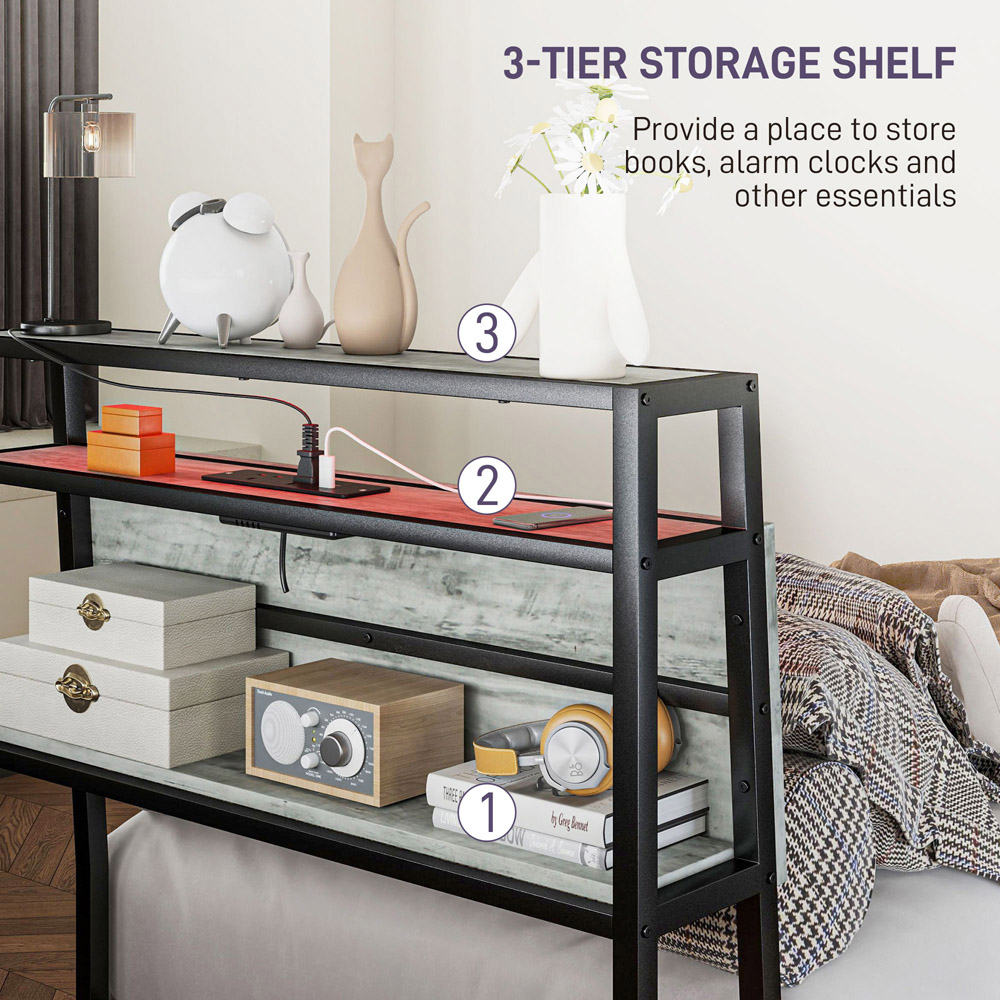 Portland Single Cement Grey Bed Frame with Charging Station and Lights Image 6