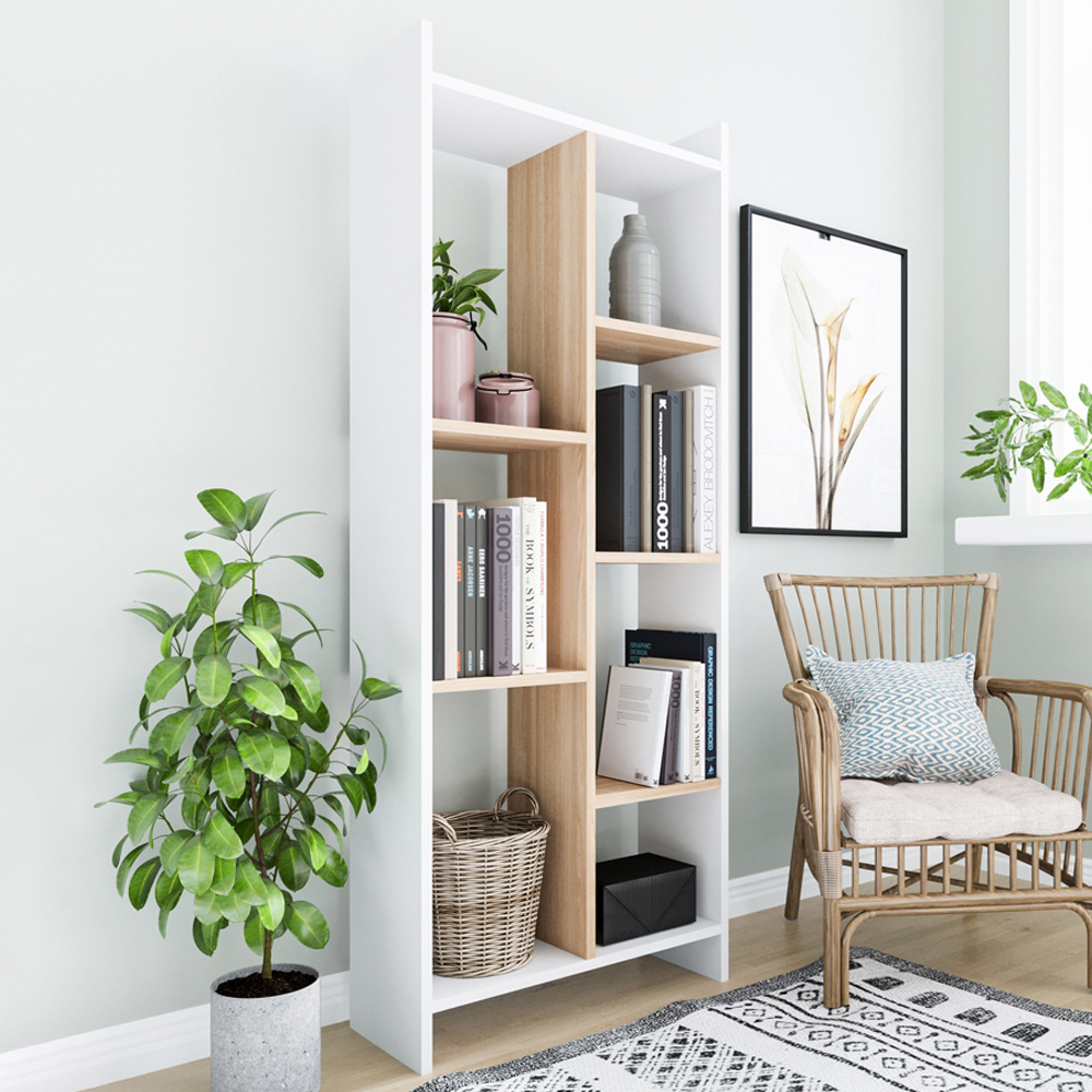 Decorotika Eden 7 Shelf White and Oak Freestanding Bookcase Image 1