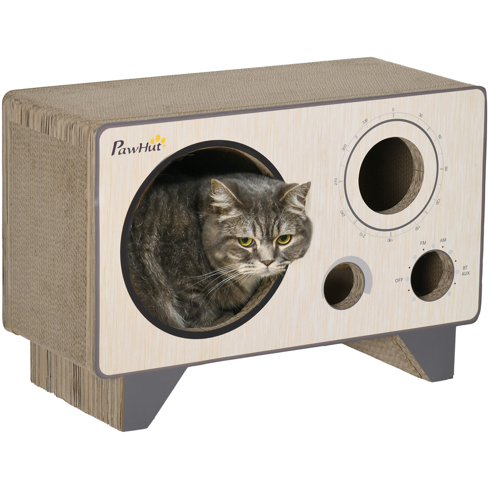 PawHut Natural Wood 2 in 1 Radio Shaped Indoor Cat Scratching Board and House Image 1