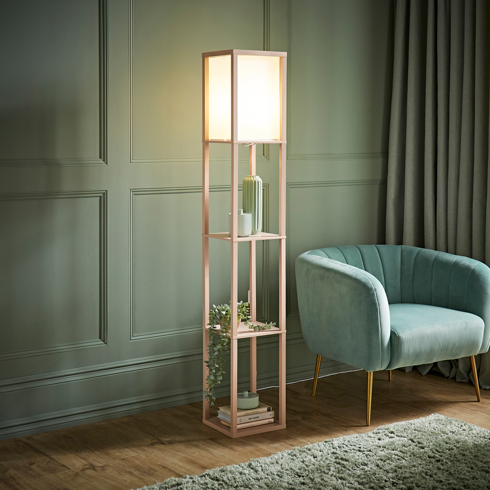 ValueLights Struttura Fabric Shade Pink Shelving Unit Floor Lamp with Bulb Image 2