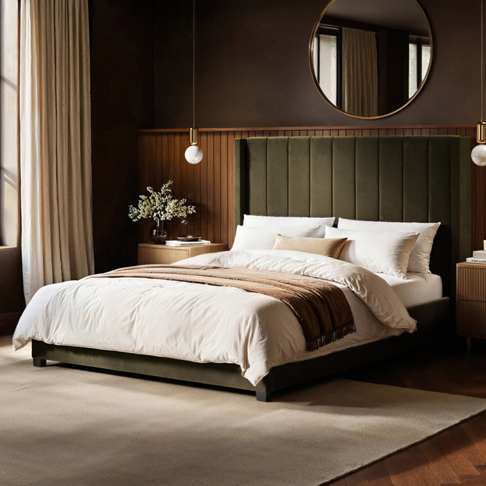 Flair Tiggy King Size Khaki Velvet Ottoman Bed with Winged Headboard Image 1