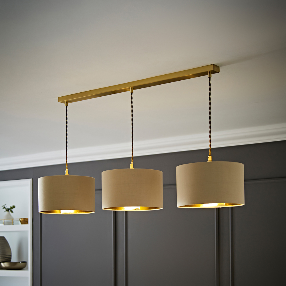 ValueLights Reni Natural and Gold Drum Shade 3 Drop Bar Gold Diner LED Ceiling Light Image 2