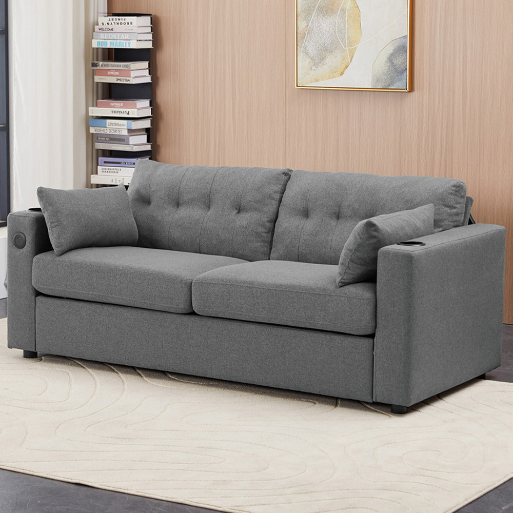 Living and Home 2 Seater Grey Linen Pull Out Sofa Bed with USB Port Image 1
