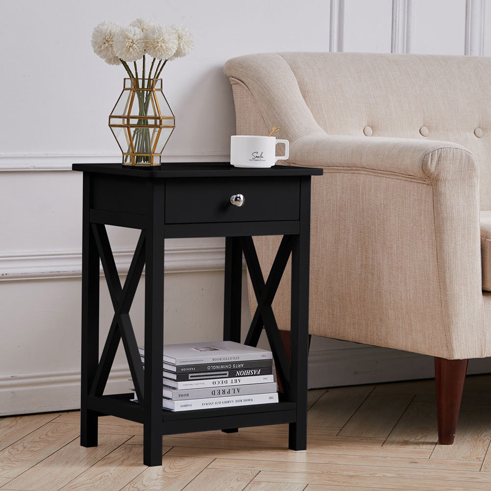 Living and Home Single Drawer Black Wooden Bedside Table Image 8