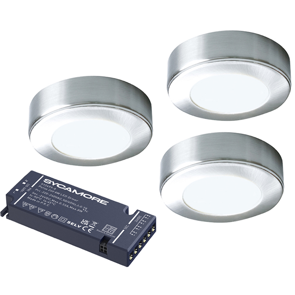 Sorrelis Oberon Aluminium Round Warm White 3 Cabinet Light Kit Image 1