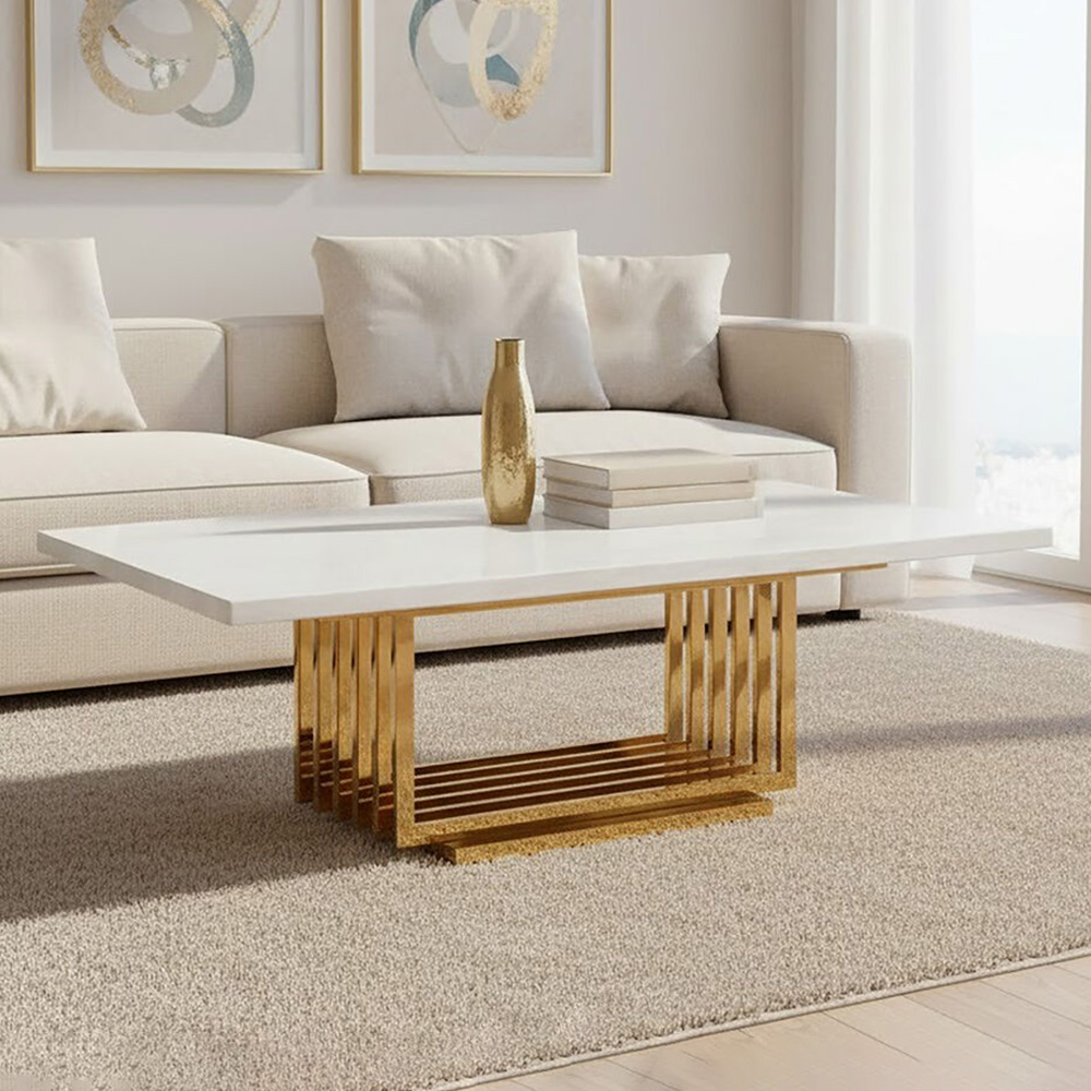 Premier Housewares Ivory White Marble Top Coffee Table with Gold Frame Image 1