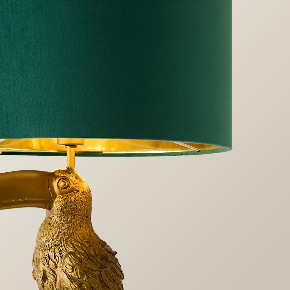 ValueLights Tuki Toucan Gold and Green Velvet Shade Brushed Bronze Table Lamp with Bulb Image 4