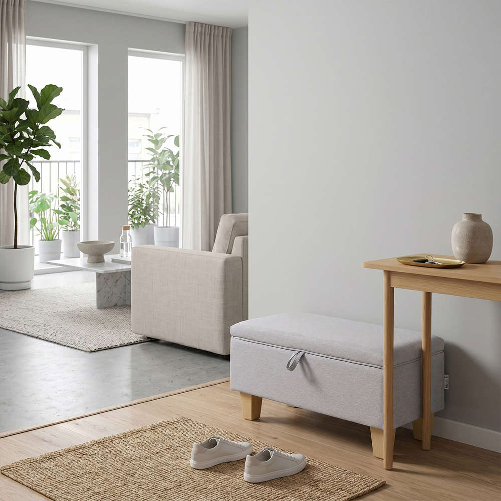Living and Home Grey Linen Upholstered Storage Ottoman Image 3
