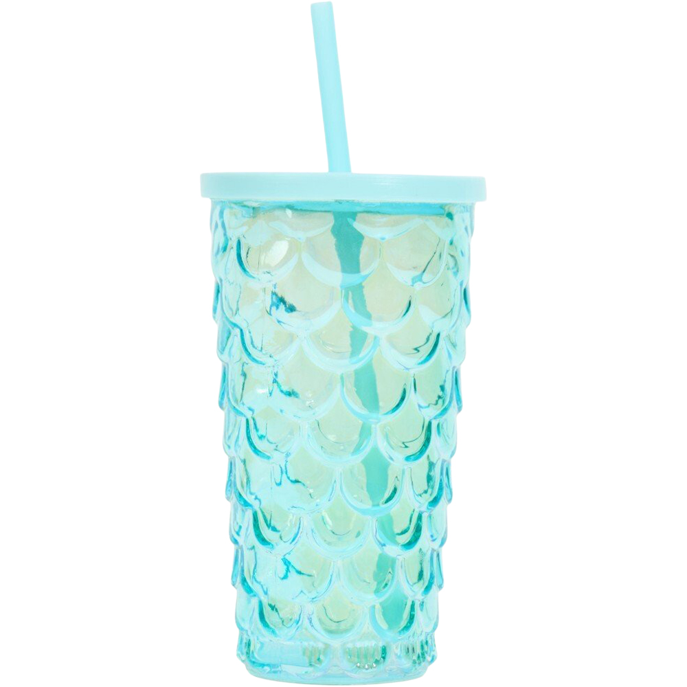 Mermaid Glass with Lid and Straw Blue Image 1