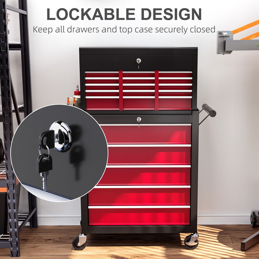 HOMCOM 14 Drawers Red Lockable Rolling Tool Chest Image 6