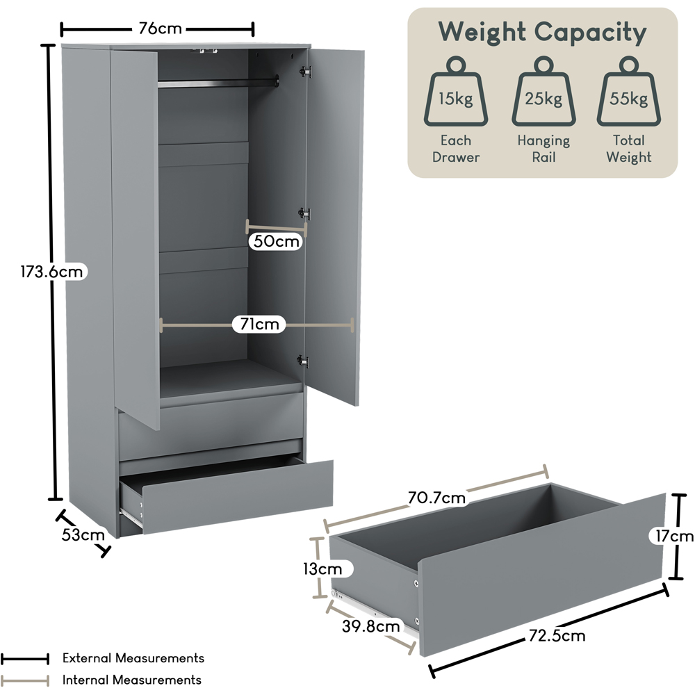 VIDA DESIGNS Denver 2 Door 2 Drawer Grey Wardrobe Image 9
