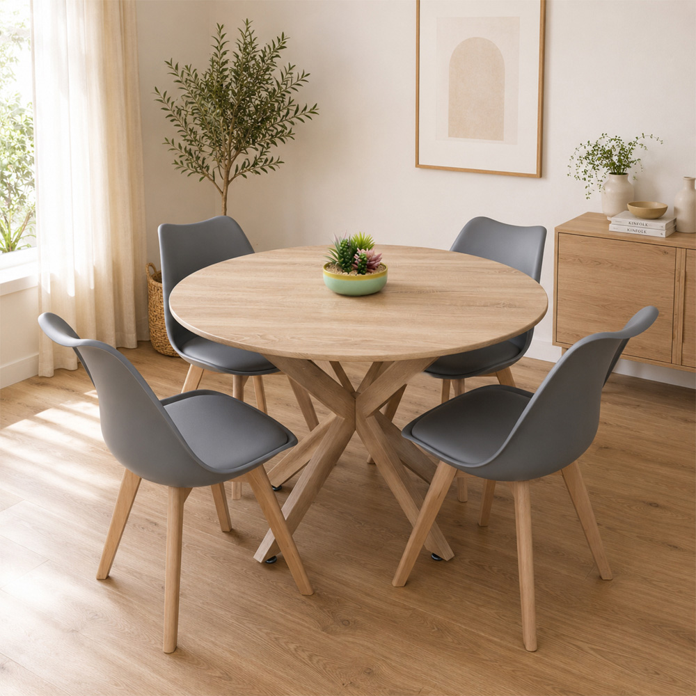 Kosy Koala 4 Seater Wood Effect Faux Leather Round Dining Set Grey Image 1