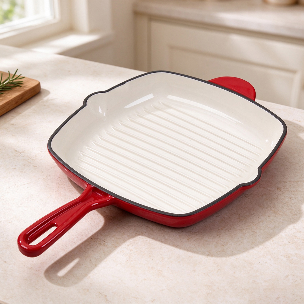 Living and Home 28.5cm Gradient Red Enamelled Cast Iron Square Grill Pan Image 2