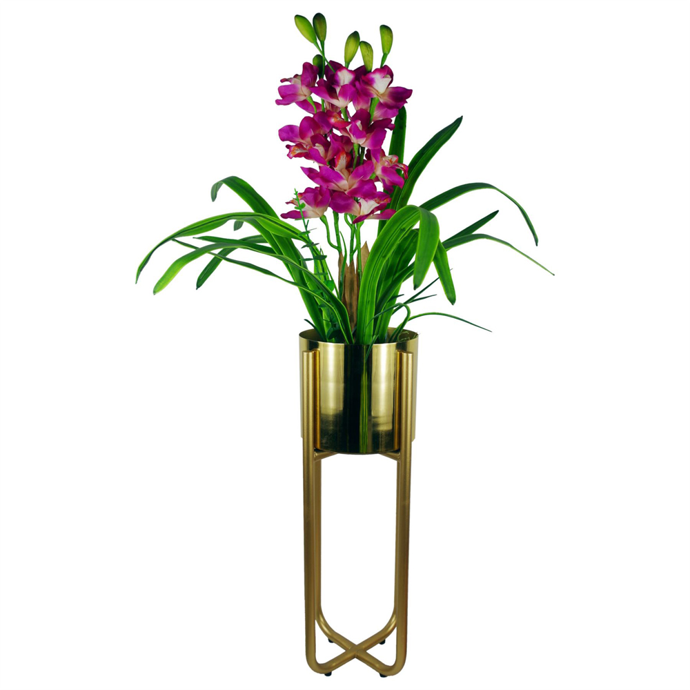 Leaf Tall Gold Metal Planter Stand and Iridescent Rainbow Planter Set 62 x 18cm Image 5