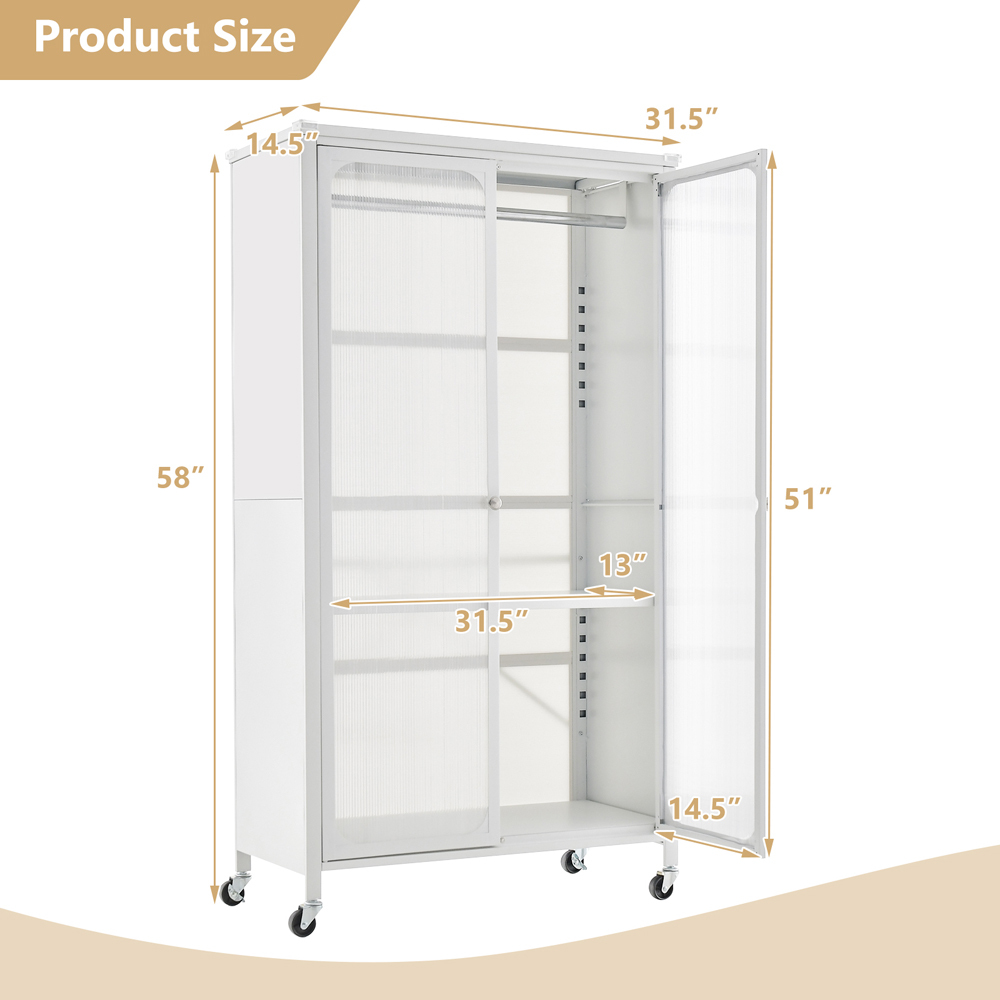 Costway 2 Door White Wardrobe with Wheels Image 9