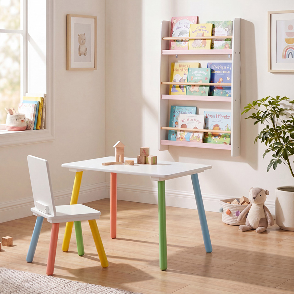 Liberty House Toys Rainbow Table and Chair with Pink Bookshelf Set Image 1