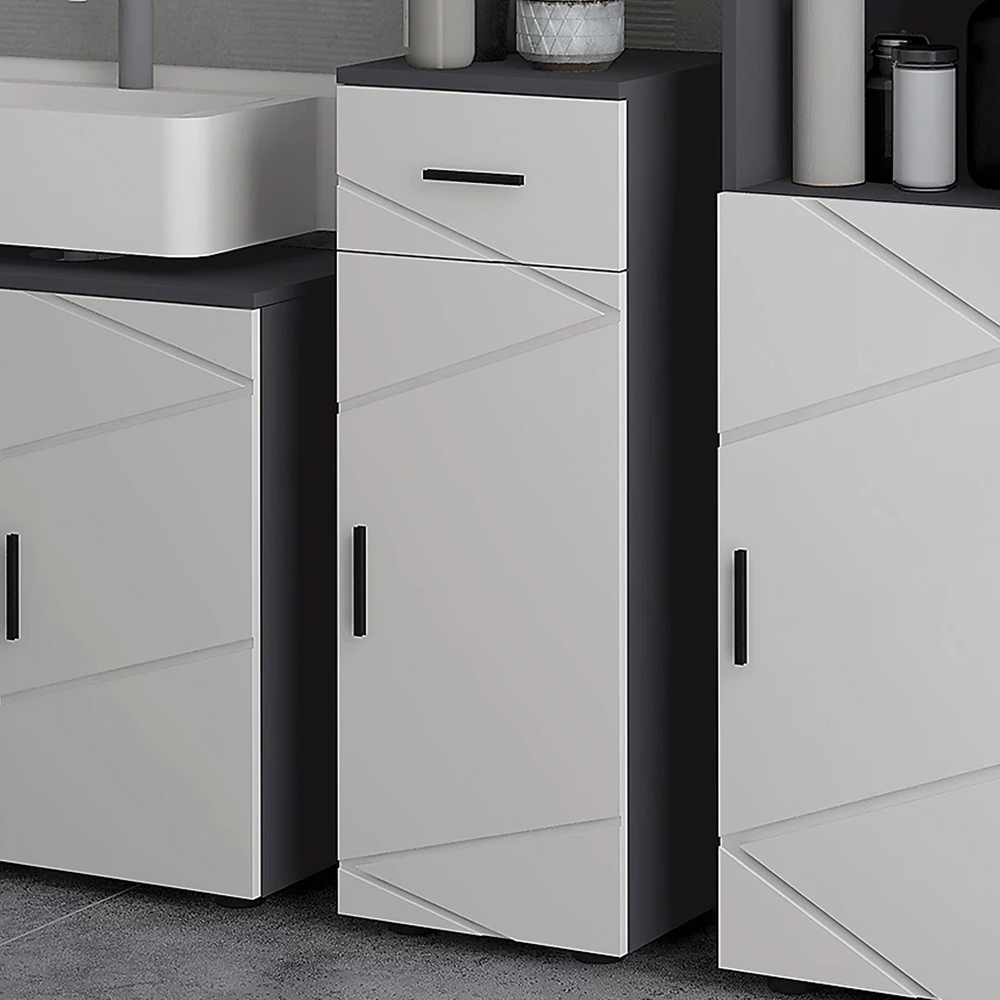 Portland Single Door Single Drawer Grey Slim Bathroom Cabinet Image 1