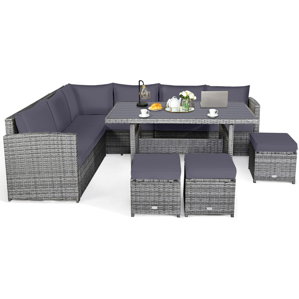Costway 10 Seater Grey Rattan Patio Lounge Set with Back and Seat Cushions Image 3
