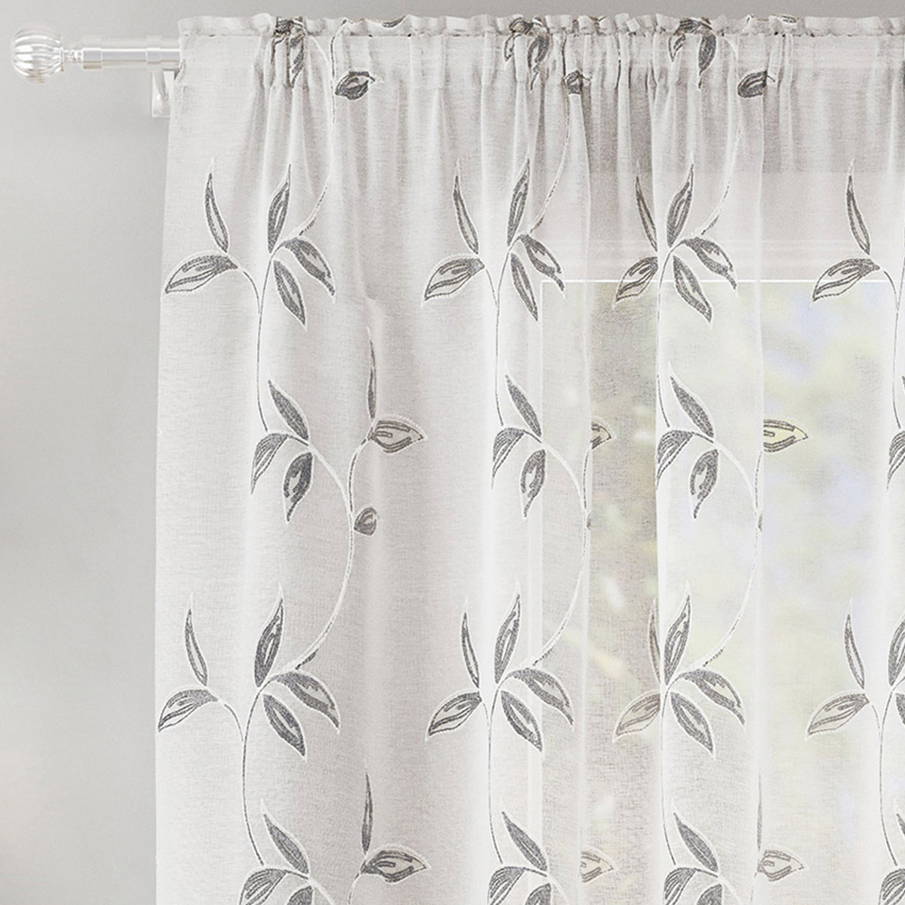 Enhanced Living Oasis Grey Embroidered Leaf Design Sheer Rod Pocket Voile Panels 140 x 122cm Image 2
