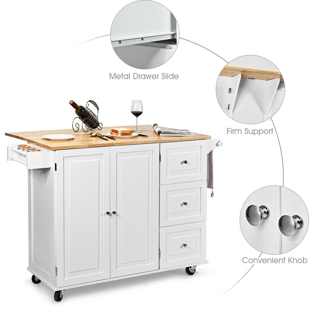 Costway 3 Drawer and 2 Door White Kitchen Island Cart on Wheels Image 5