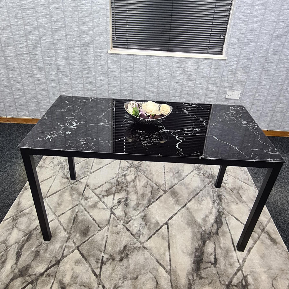 Portland 6 Seater Velvet Tufted Marble Effect Tabletop Dining Set Black Image 3