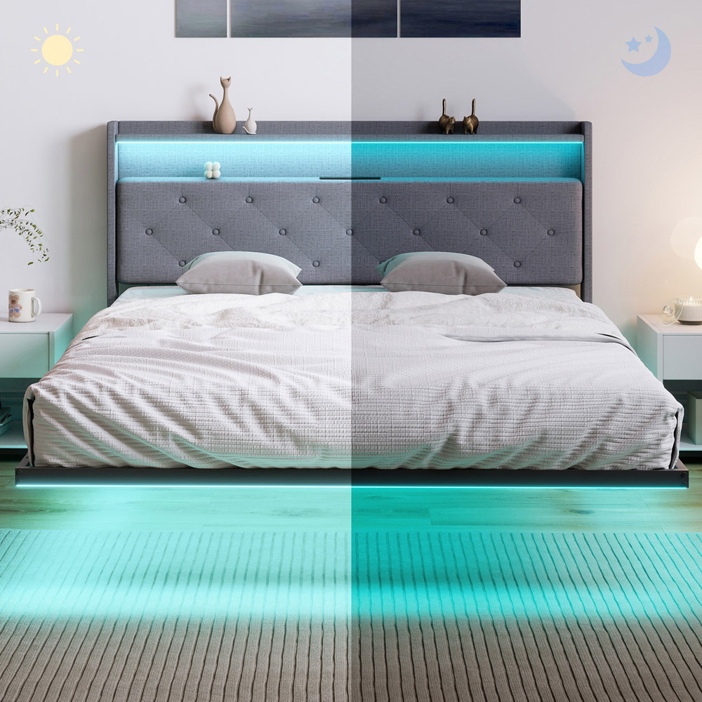 Portland King Size Grey Upholstered Floating Bed Frame with RGB LED Lights Image 3