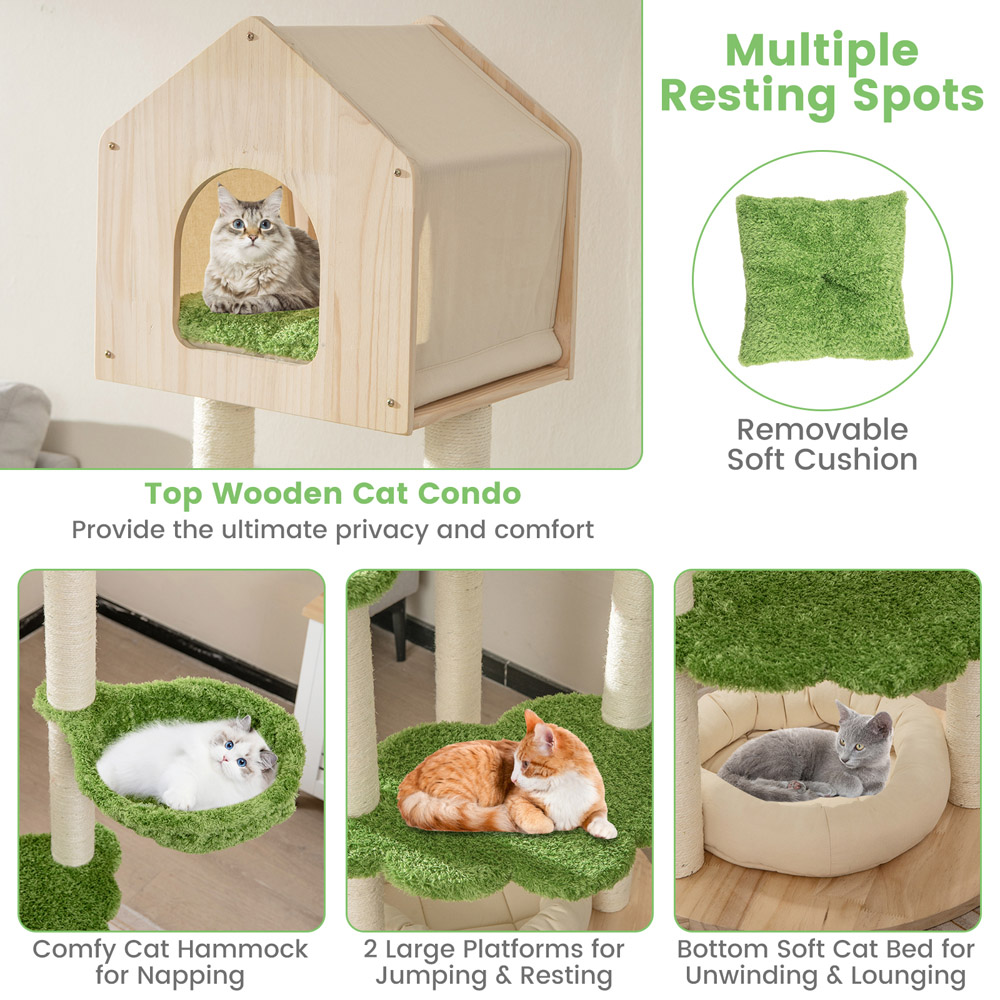 Costway Green Wooden Cat Tree with Sisal Scratching Posts 139cm Image 6