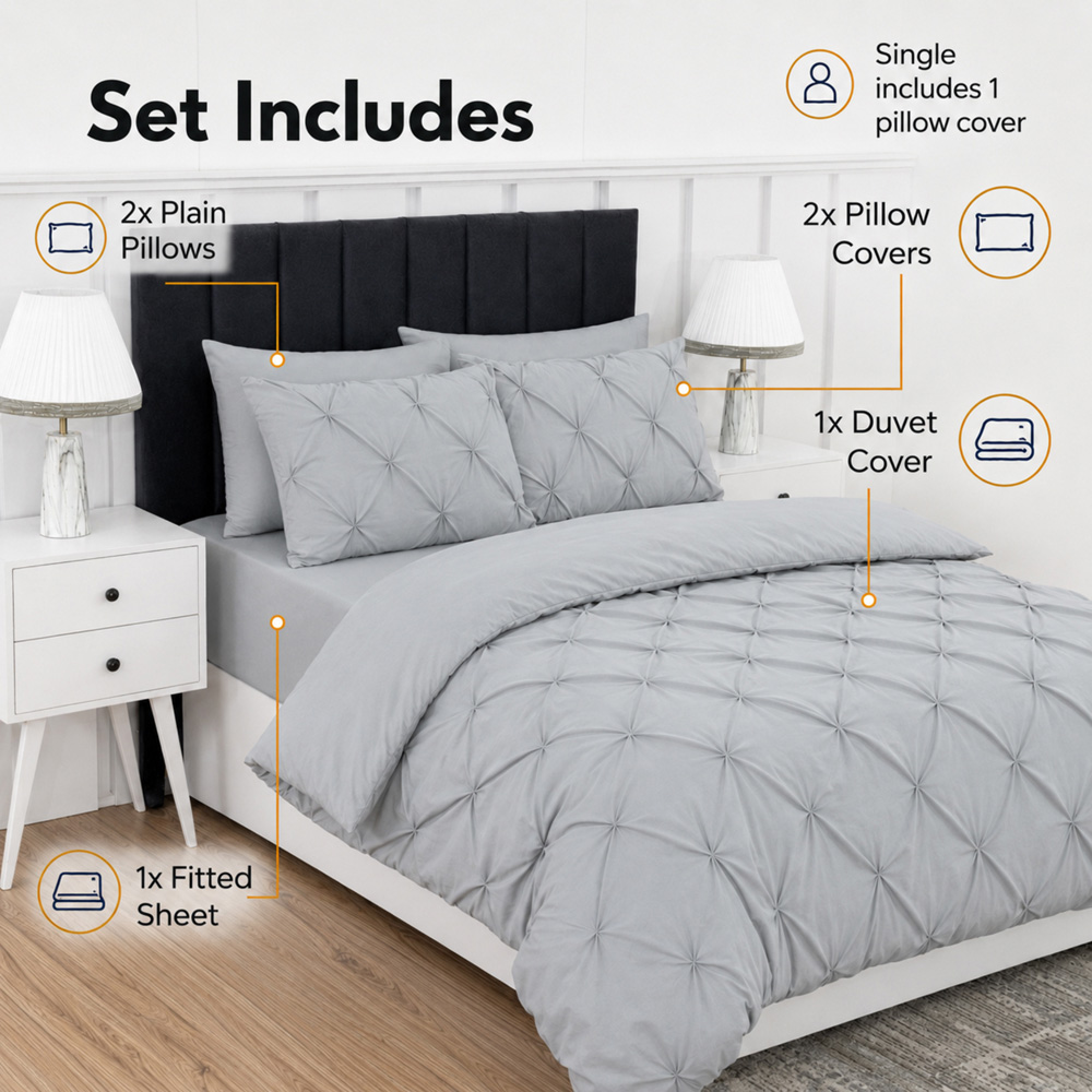 MHG Living Super King Size Grey Pintuck Duvet Cover Set with Fitted Sheet and 4 Pillowcase Image 8