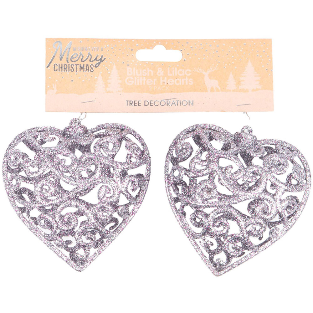 Sugar Wonderland Blush and Lilac Glitter Heart Christmas Decoration 2 Pack Image 2