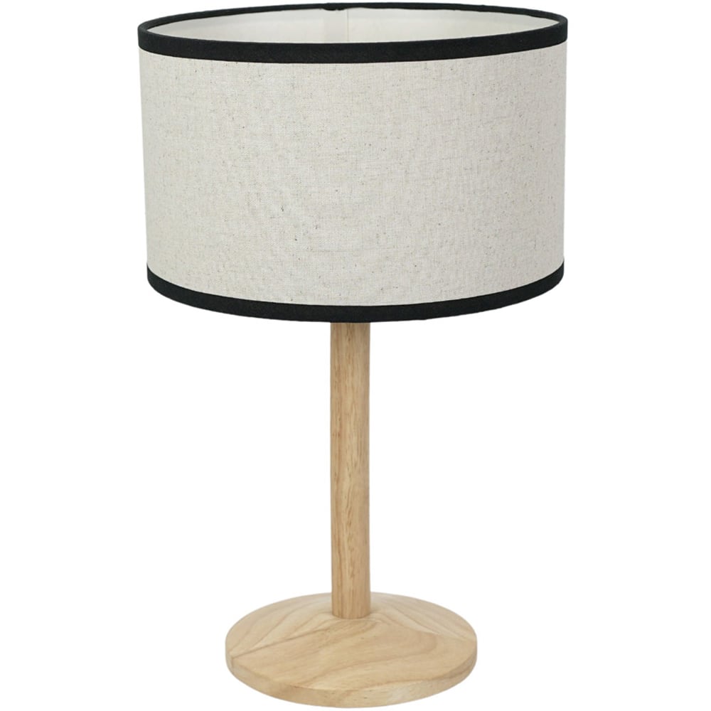 ValueLights Triston Linen Black Edge Drum Shade Natural Light Wood Stem LED Table Lamp Image 1