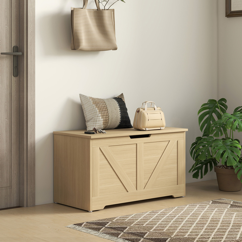 HOMCOM Natural Wood Finish Storage Trunk with 2 Safety Hinges 100L Image 3