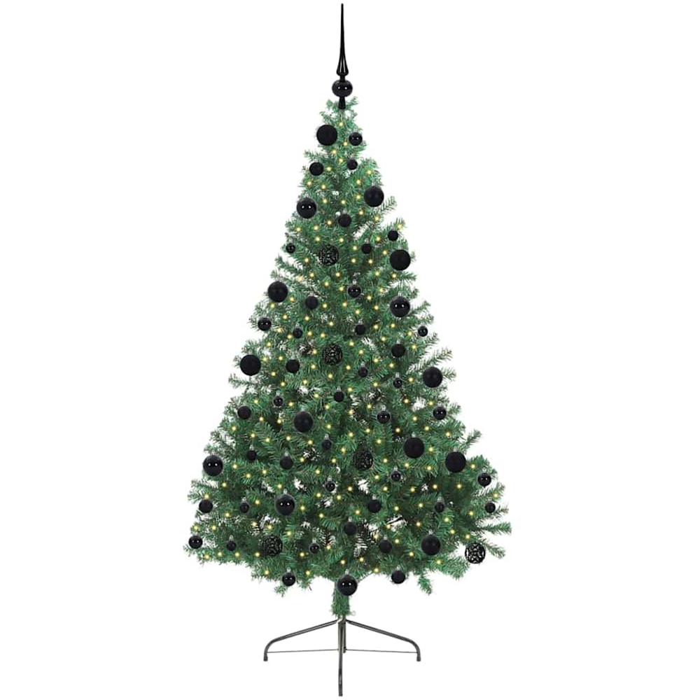 vidaXL Pre-Lit Black Baubles Green Artificial Christmas Tree 7ft Image 1