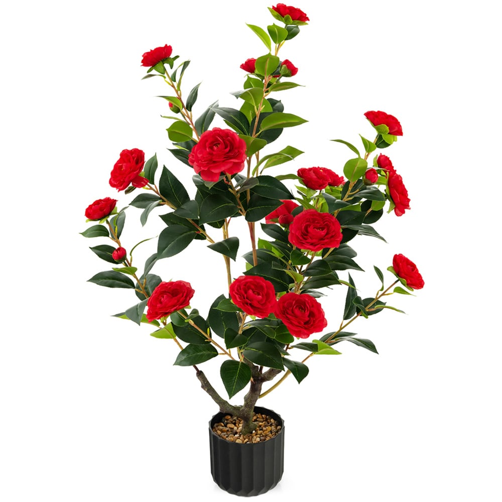 Costway Red Flowers Camellia Tree Artificial Plant In Pot 3.1ft Image 1