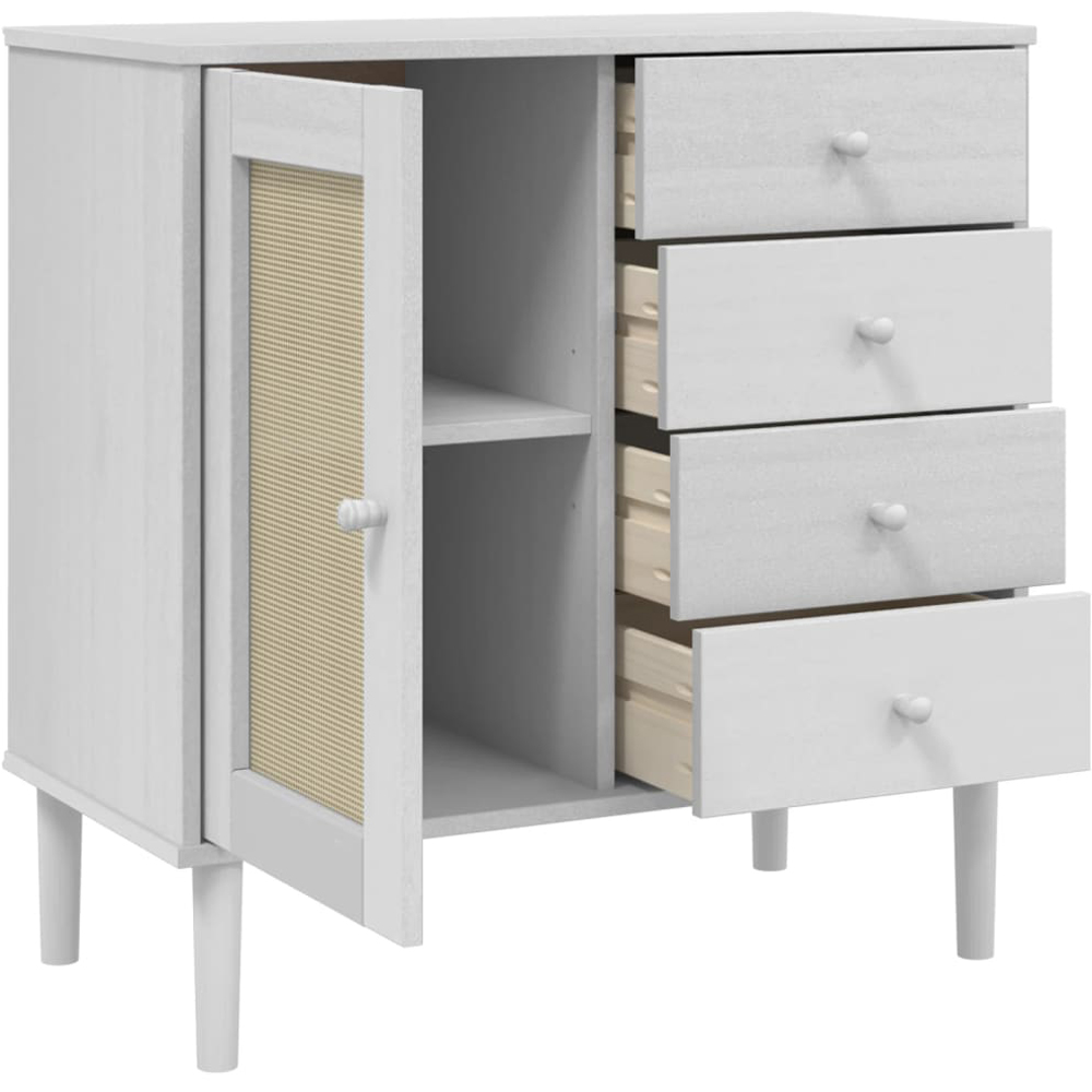 vidaXL Senja Single Door 4 Drawer White Solid Pine Wood Rattan Look Sideboard Image 4