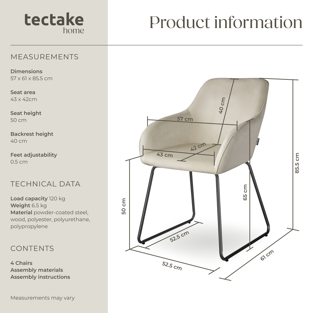tectake Jeane Set of 4 Cream and Black Velvet Look Dining Chair Image 9