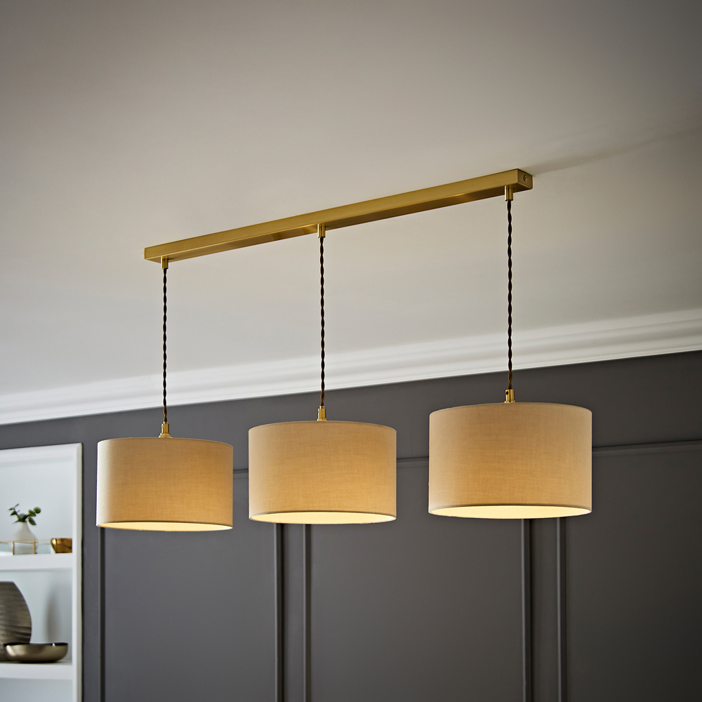 ValueLights Reni Cream Drum Shade 3 Drop Bar Gold Diner LED Ceiling Pendant Light Image 2