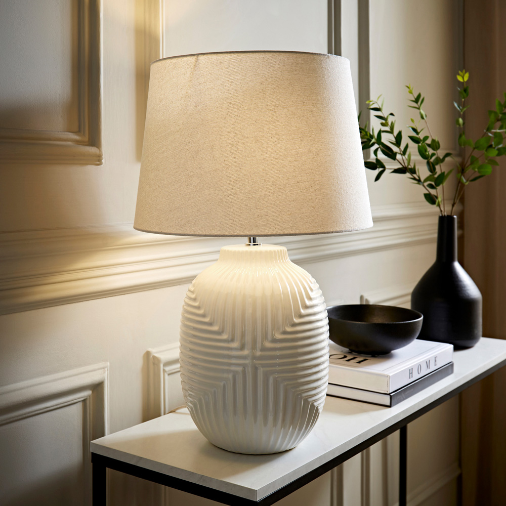 ValueLights Harrison Taper Shade White Geo Ribbed Pattern Gloss Large LED Table Lamp Image 2