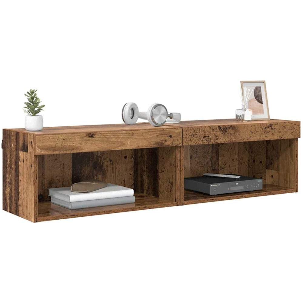 vidaXL Single Shelf Old Wood Wall Mounted Wide TV Cabinet with LED Light 2 Pack Image 3