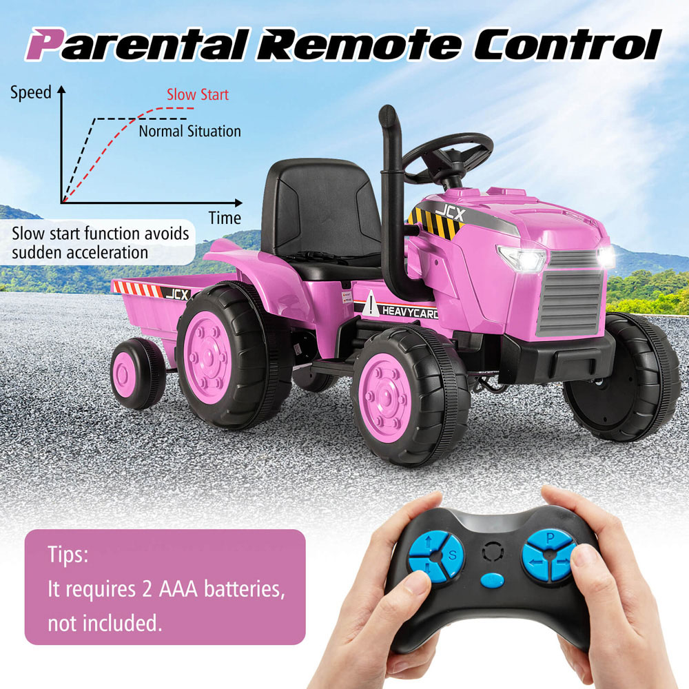 Costway Kids Pink Ride On Tractor with Trailer and Remote Control 12V Image 5