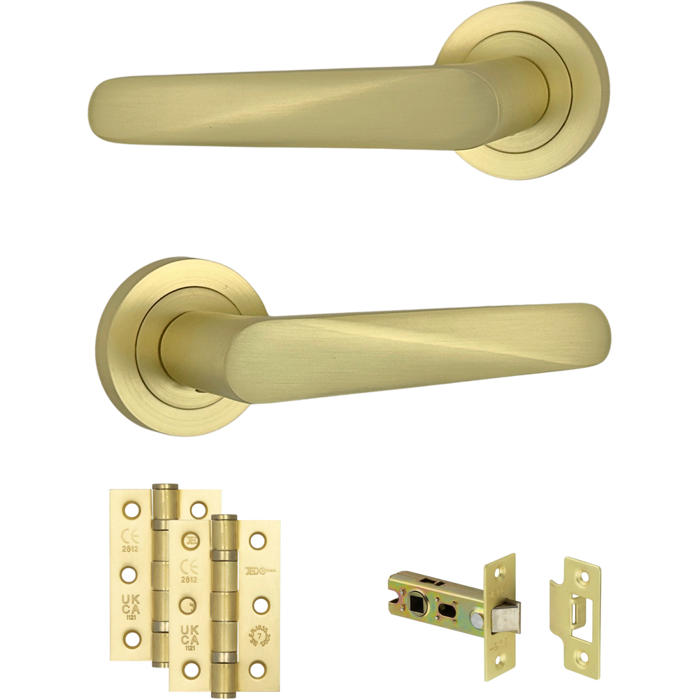 AXS Hardware Detroit Satin Brass Latch Door Handles on Rose Image 1