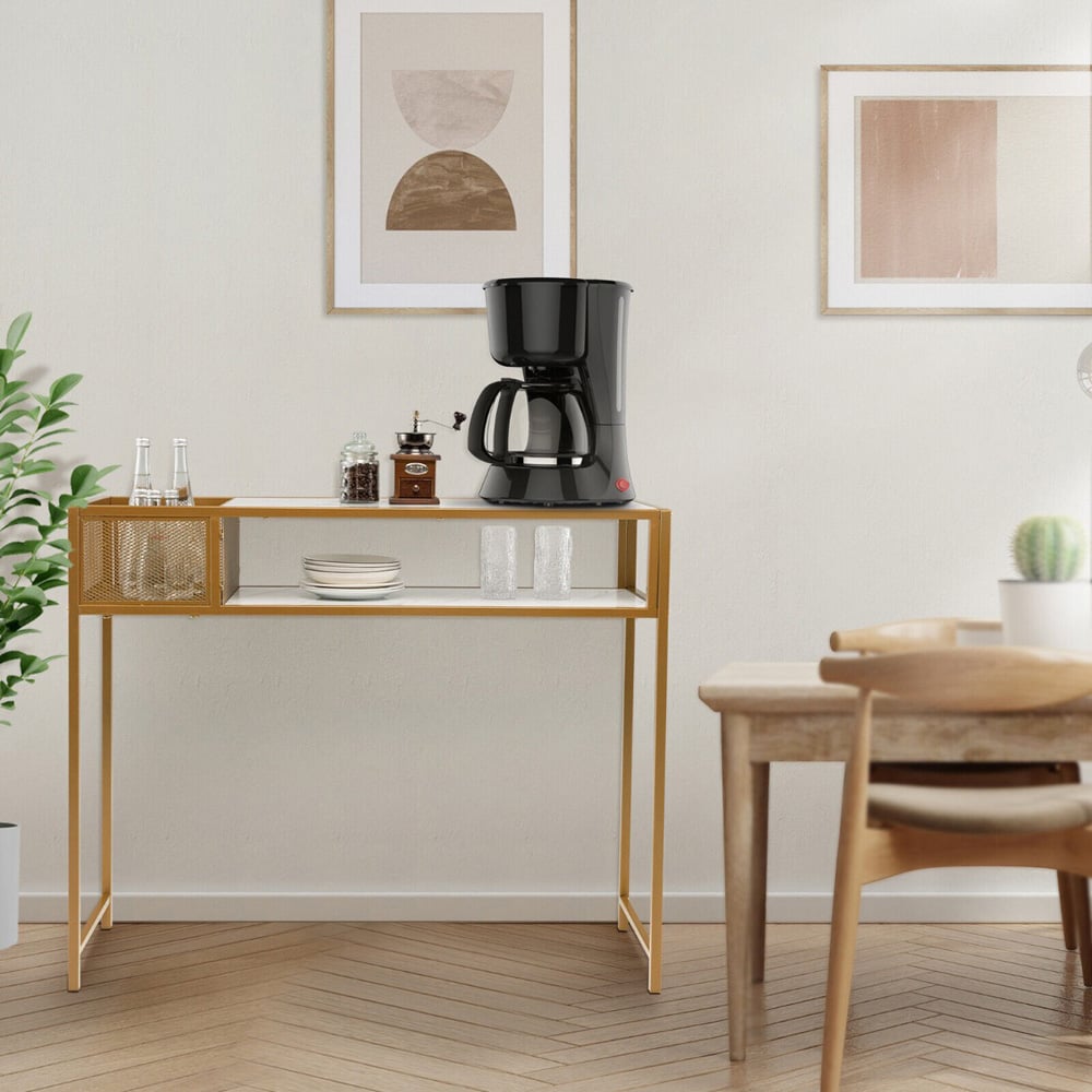 Costway Single Shelf White Faux Marble Narrow Console Table with Mesh Basket Image 3