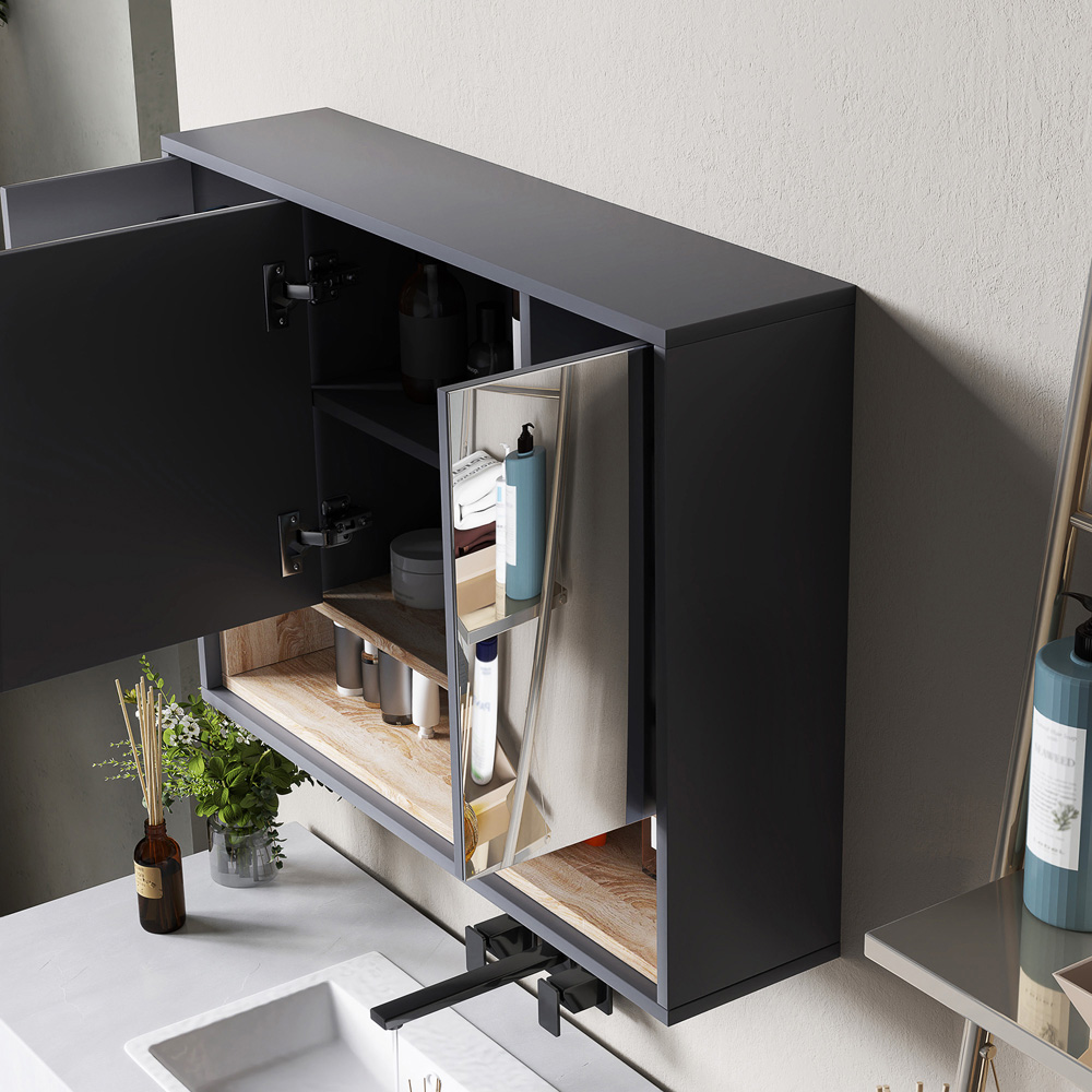 Portland 3 Door 2 Shelf Grey Wall-Mounted Mirrored Bathroom Storage Cabinet Image 3