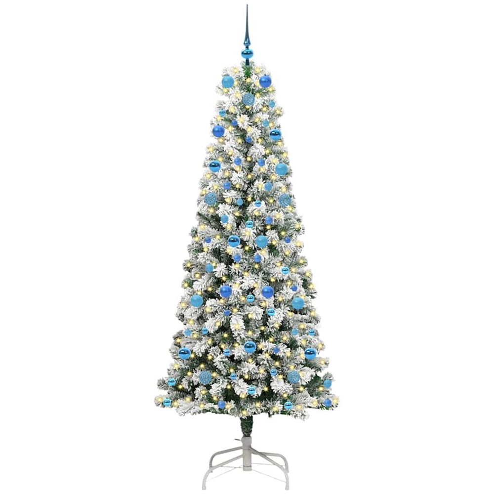 vidaXL Pre-Lit Warm White LED and Blue Baubles Snow Flocked Artificial Christmas Tree 7ft Image 1