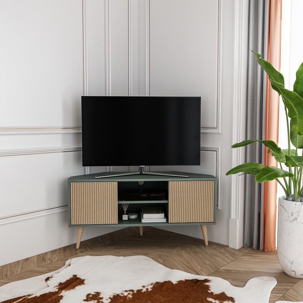 Decorotika Lesson 2 Door 2 Shelf Green and Rattan Corner TV Stand Image 7