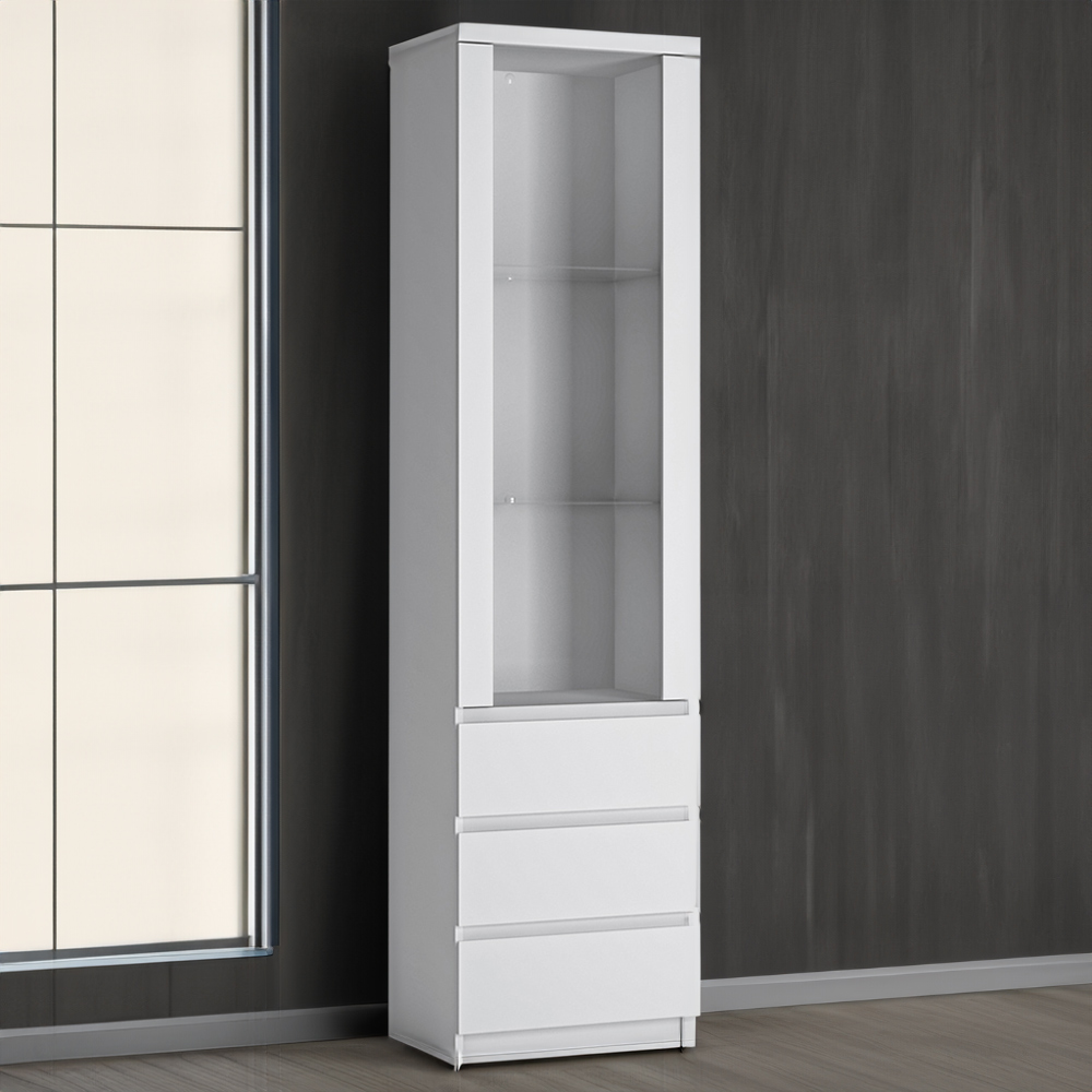 Florence Fribo Single Door 3 Drawer White Tall Narrow Display Cabinet Image 1
