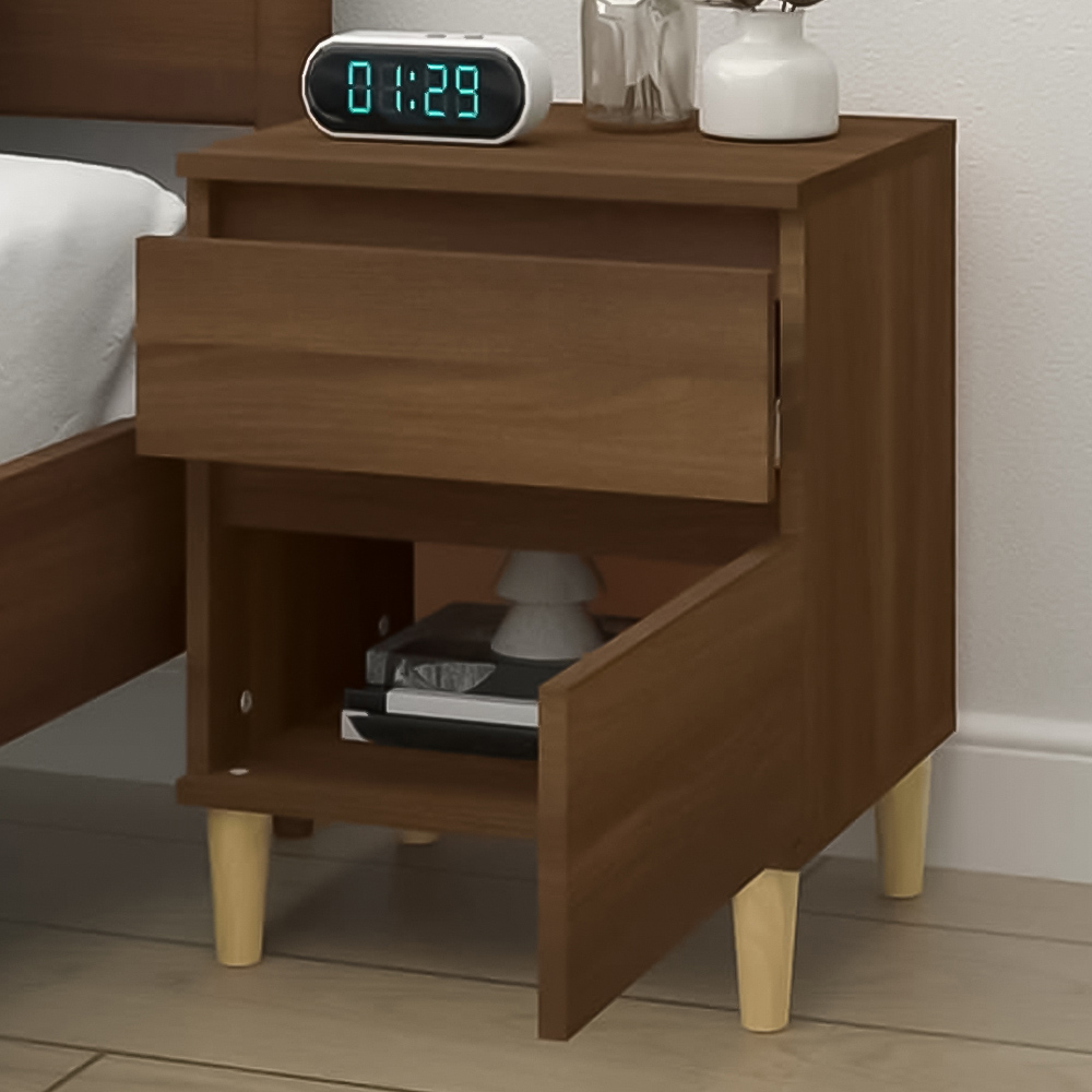 vidaXL Single Door Single Drawer Brown Oak Wooden Bedside Cabinet Image 1