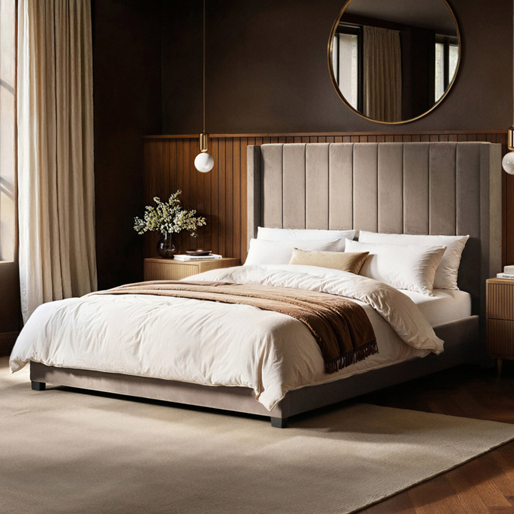 Flair Tiggy Double Beige Velvet Ottoman Bed with Winged Headboard Image 1